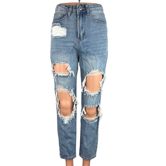 Shein Blue Light Wash High Rise Distressed Ankle Straight Leg Jeans Pants Sz XS - Picture 1 of 5